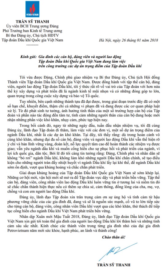 Thư của Chủ tịch HĐTV Tập đoàn gửi gia đình cán bộ, Đảng viên và người lao động ngành Dầu khí