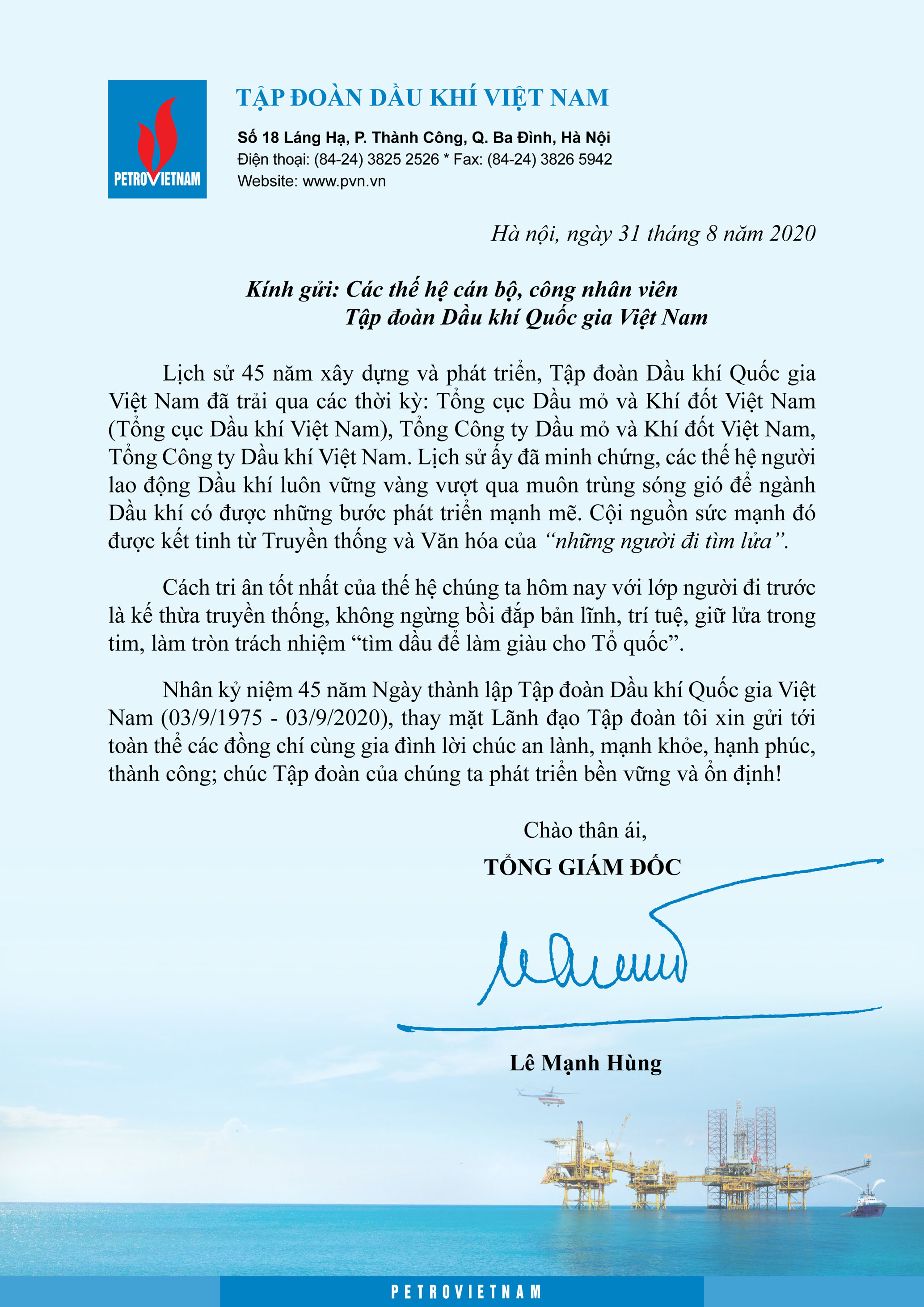 Thư chúc mừng tới các thế hệ cán bộ công nhân viên Tập đoàn Nhân kỷ niệm 45 năm Ngày thành lập Tập đoàn Dầu khí Quốc gia Việt Nam (03/9/1975 - 03/9/2020)