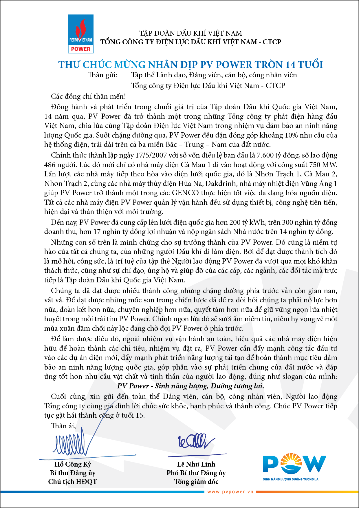 THƯ CHÚC MỪNG CỦA LÃNH ĐẠO TỔNG CÔNG TY NHÂN DỊP KỶ NIỆM 14 NĂM THÀNH LẬP PV POWER
