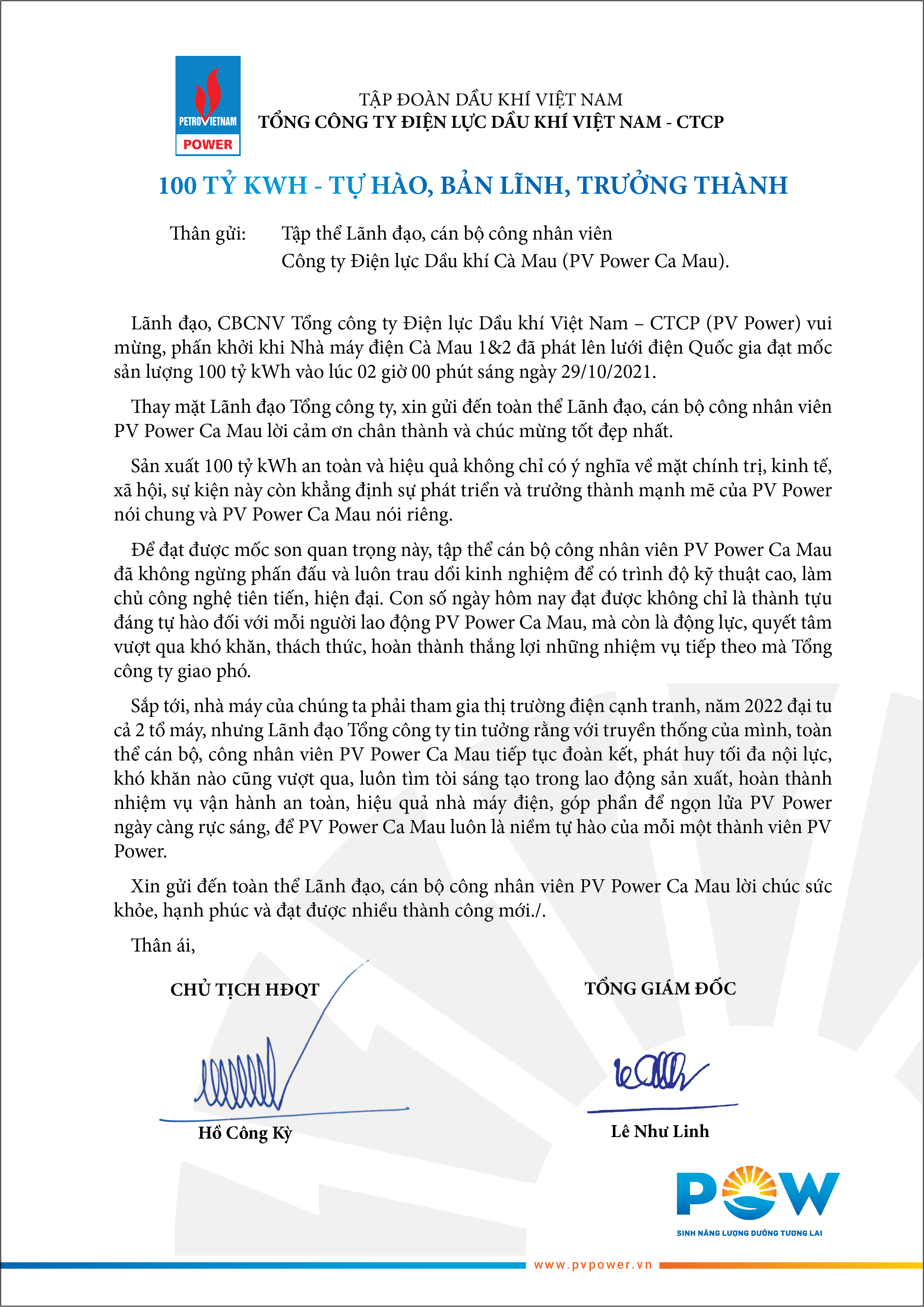 Thư chúc mừng PV Power Ca Mau đạt mốc sản lượng 100 tỷ kWh điện