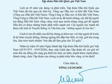 Thư chúc mừng tới các thế hệ cán bộ công nhân viên Tập đoàn Nhân kỷ niệm 45 năm Ngày thành lập Tập đoàn Dầu khí Quốc gia Việt Nam (03/9/1975 - 03/9/2020)