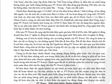 THƯ CHÚC MỪNG CỦA LÃNH ĐẠO TỔNG CÔNG TY NHÂN DỊP KỶ NIỆM 14 NĂM THÀNH LẬP PV POWER