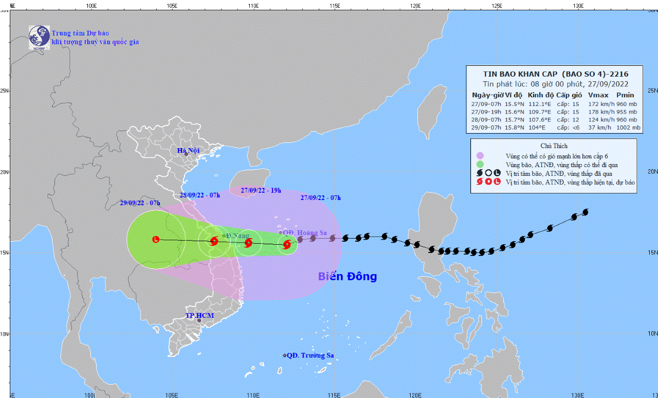 </a> Hướng di chuyển và vùng ảnh hưởng của bão NORU vào hồi 8 giờ sáng 27/9.